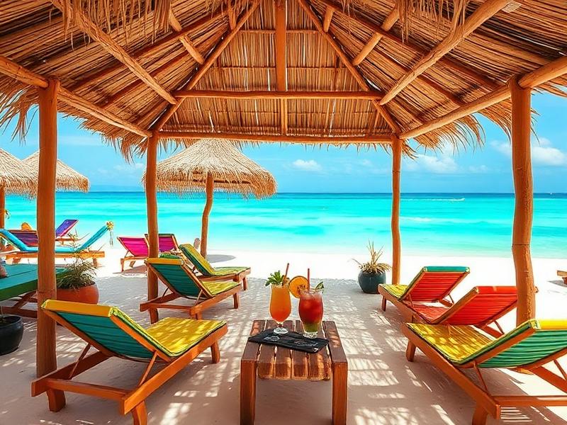 Club de playa en Holbox con camastros frente al mar
